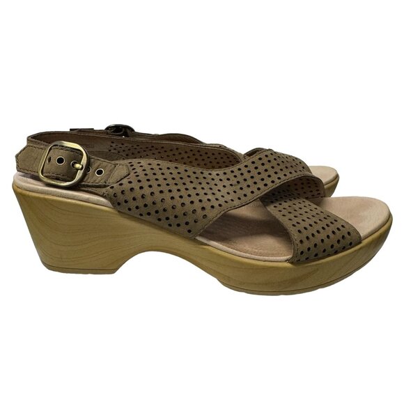 Dansko Jacinda Wedge Sandal Womens EU41 US10.5-11 Brown Perforated Leather Shoes - Picture 2 of 13